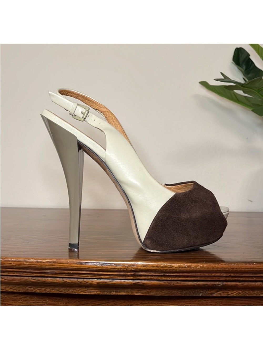 L.A.M.B. Nomad Suede and Leather Slingback Peep Toe Platform Heels